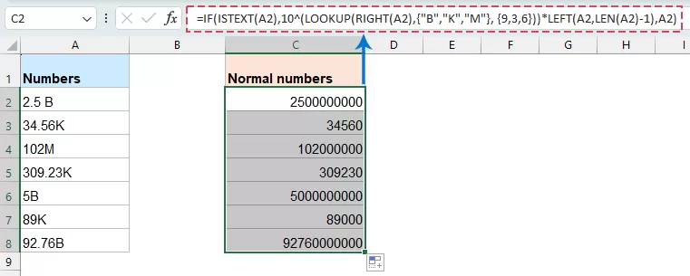 Convert K, M, and B Abbreviations to Full Numbers with a Formula