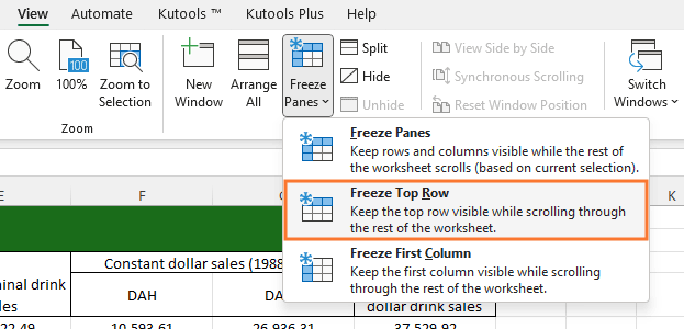 Select View > Freeze Panes > Freeze Top Row