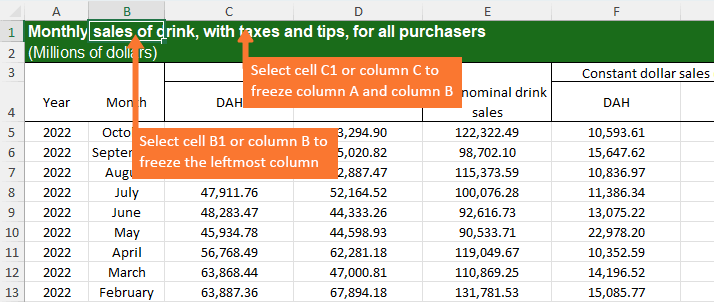 Select the column (or the first cell in the column) to the right of the column you want to freeze