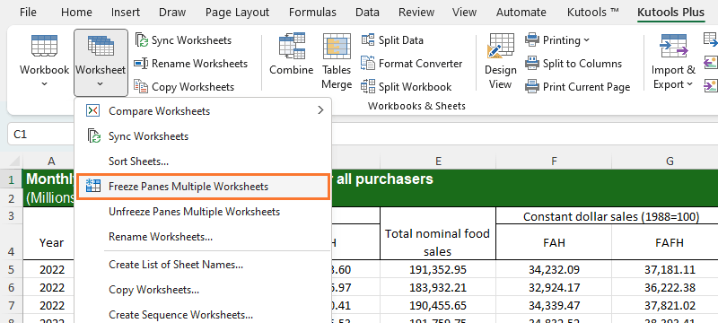 Select Kutools Plus > Worksheet > Freeze Panes Multiple Worksheets