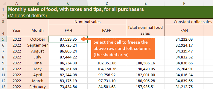 Select the cell below the row 4 and to the right of column B, which is the cell C5, to pin the top 4 rows and first 2 columns