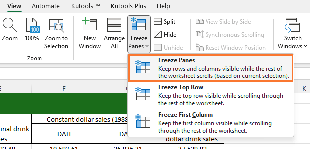 Select View > Freeze Panes > Freeze Panes