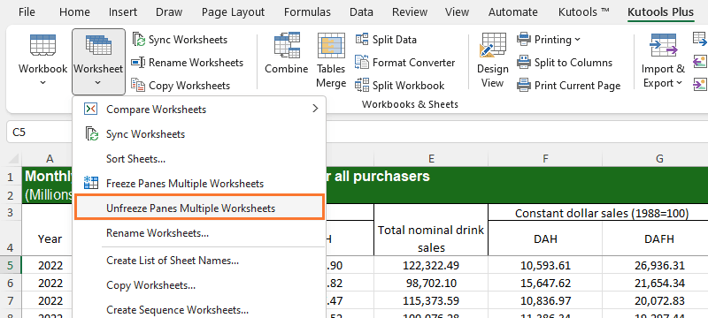 Click Kutools Plus > Worksheet > Unfreeze Panes Multiple Worksheets