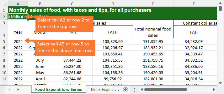 Select the row (or the first cell in the row) below the row you want to freeze