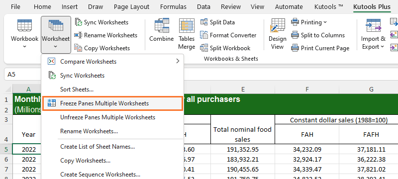 Select Kutools Plus > Worksheet > Freeze Panes Multiple Worksheets