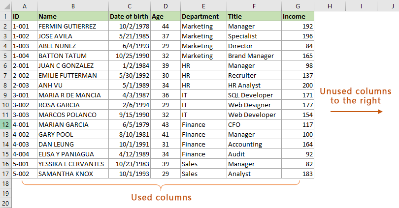 screenshot of hidding unused columns in Excel