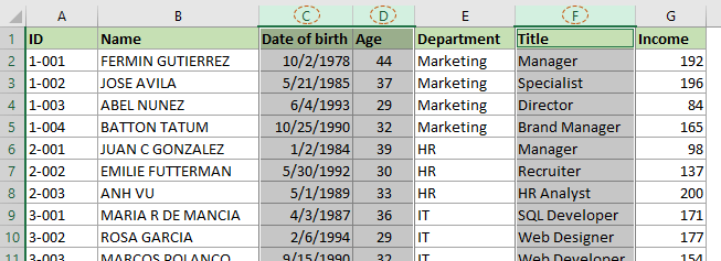 screenshot of hidding columns in Excel 2