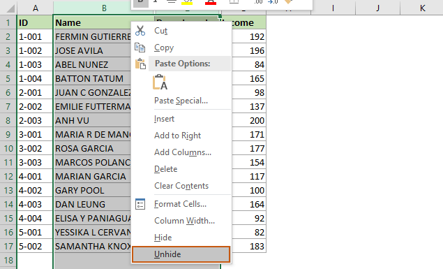 screenshot of unhidding columns in Excel 4