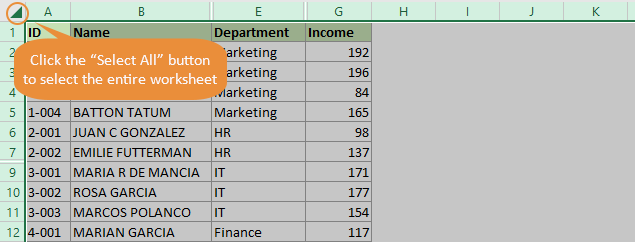 screenshot of unhidding columns in Excel