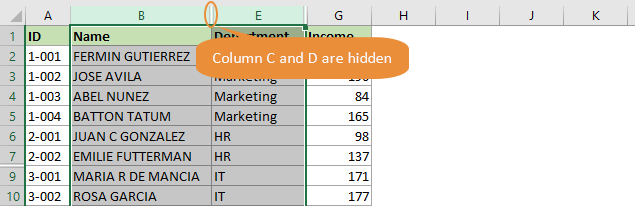 screenshot of unhidding columns in Excel 3