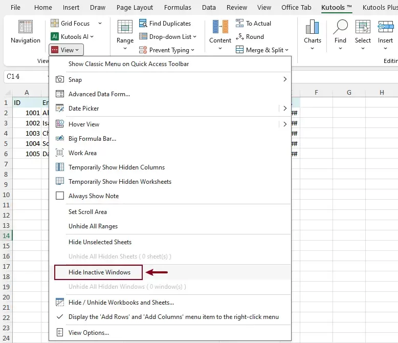 enable the hide inactive windows feature in Kutools