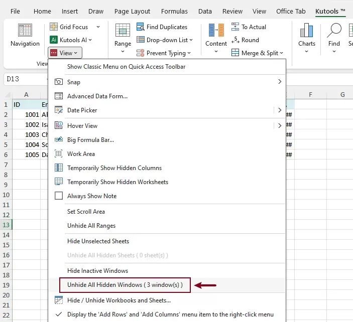 enable the unhide inactive windows feature in Kutools