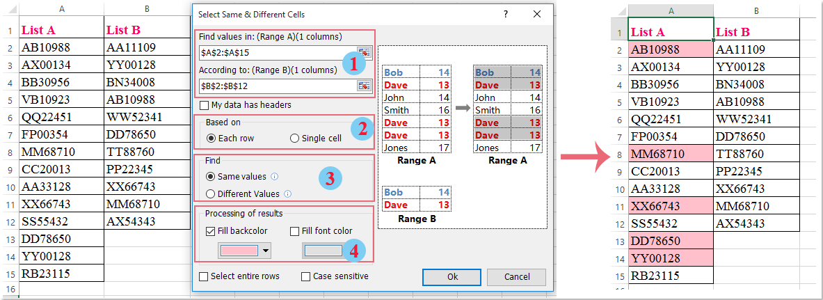 compare two columns in excel and highlight matches