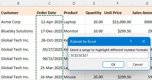 select the range to identify number formats