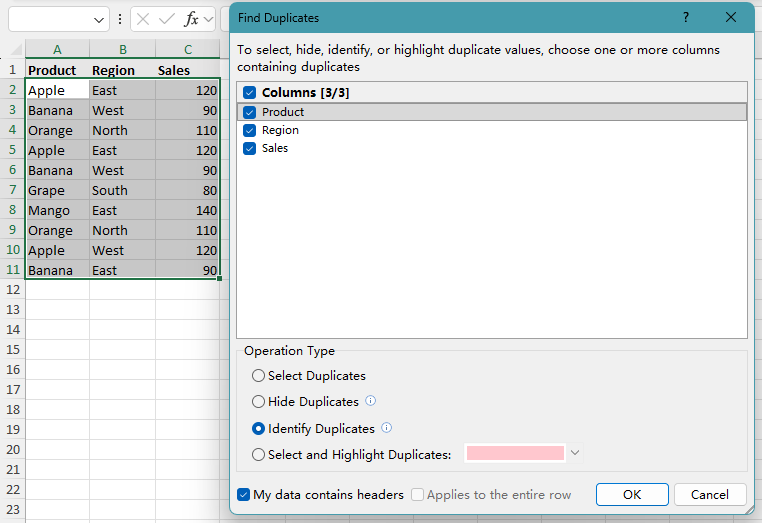 Kutools Find Duplicates dialog box with Identify Duplicates selected
