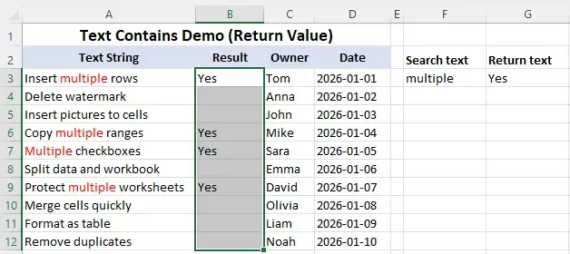 if a cell contains text multiple then return Yes