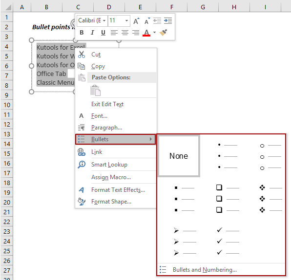 add bullet and tab in excel for mac cell