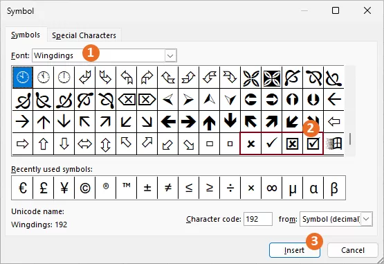 screenshot of finding and inserting check mark symbols.
