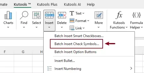 screenshot of enabling the batch insert check symbols feature of kutools.