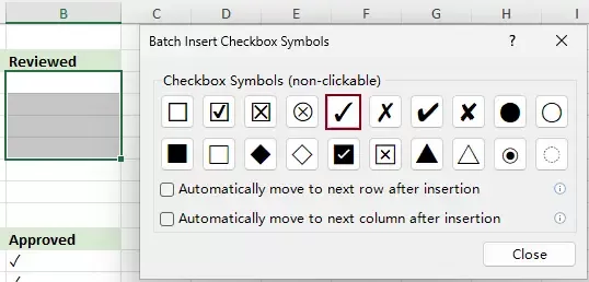 screenshot of batch inserting check mark symbols.