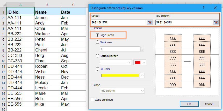 How to insert page breaks when value changes in Excel?