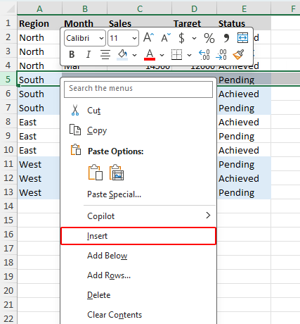 Right-click a row header and choose Insert to add a new row in Excel