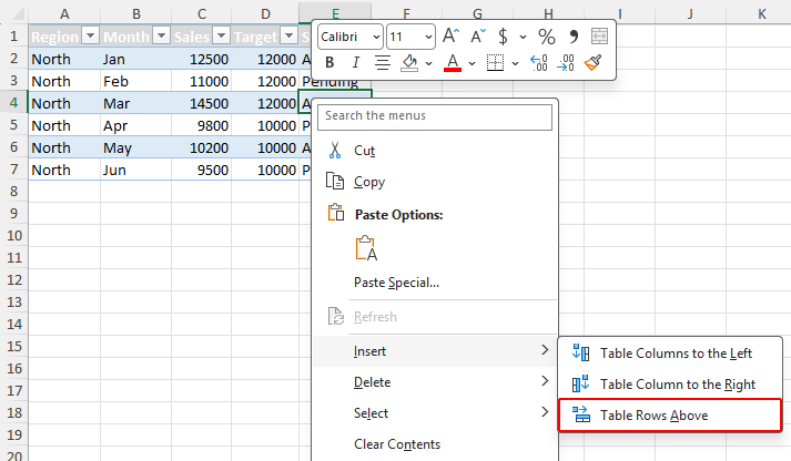 Table Rows Above option on the right-click menu