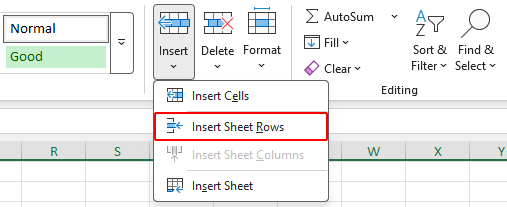 Insert a new row from the Home tab using the Insert Sheet Rows command
