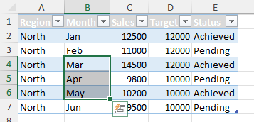 Table Rows Above option on the right-click menu