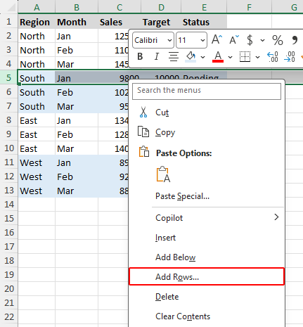 Add Rows option on the right-clicking menu