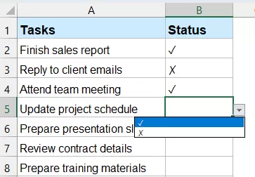 choose a tick or cross from drop down