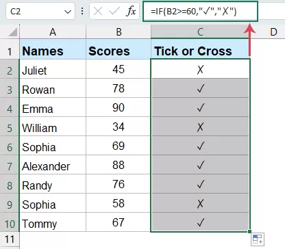 Show a tick or cross symbol based on numbers