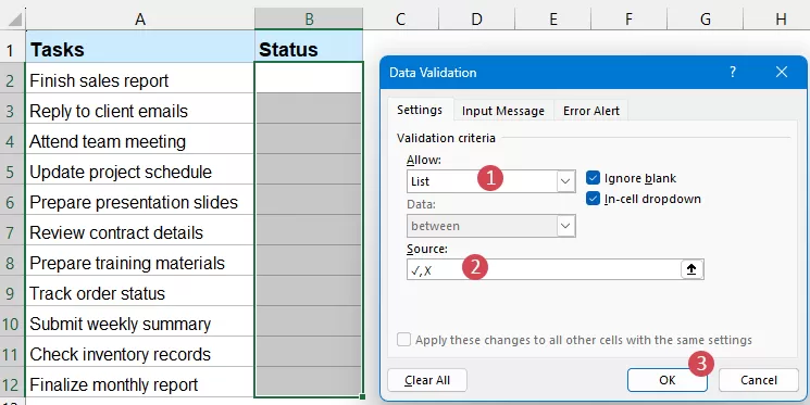 set options in the Data Validation dialog box