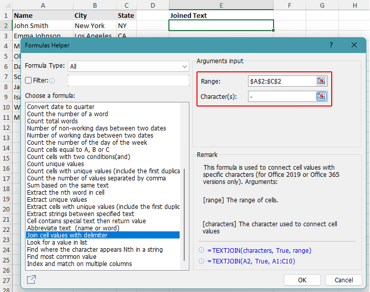 Formulas Helper dialog box