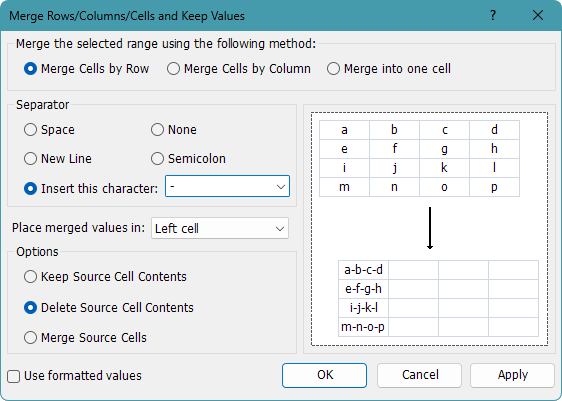 Combine Rows, Columns or Cells and Keep Values dialog box
