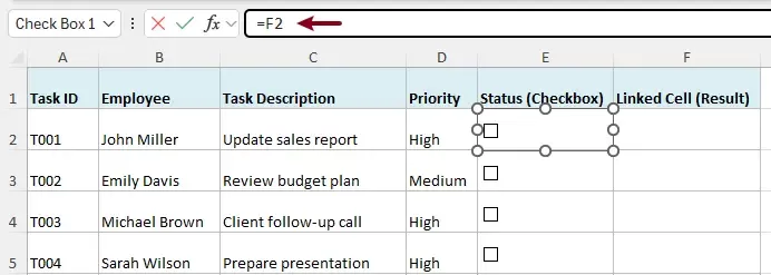 checkboxes are linked to cells manually