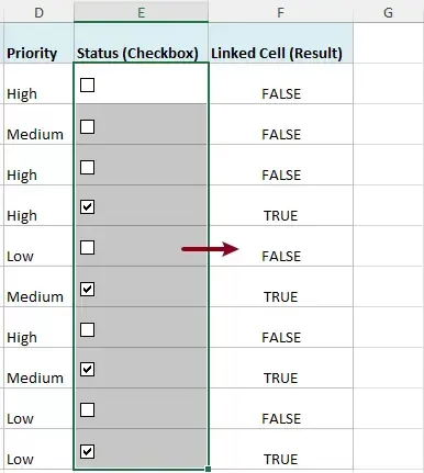 result of linking checkboxes to other cells