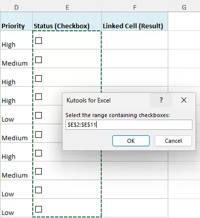 select the range cintainig checkboxes