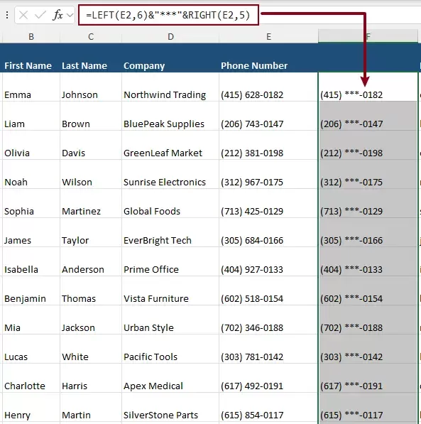 a screenshot showing the masked phone numbers after applying the formula