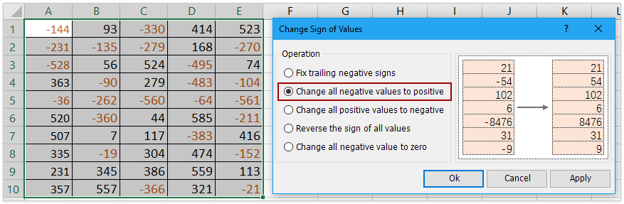 How to change negative numbers to positive in Excel?