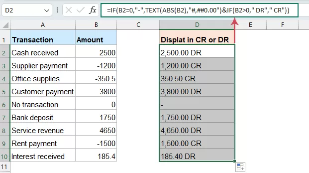 Result of displaying DR and CR with a formula