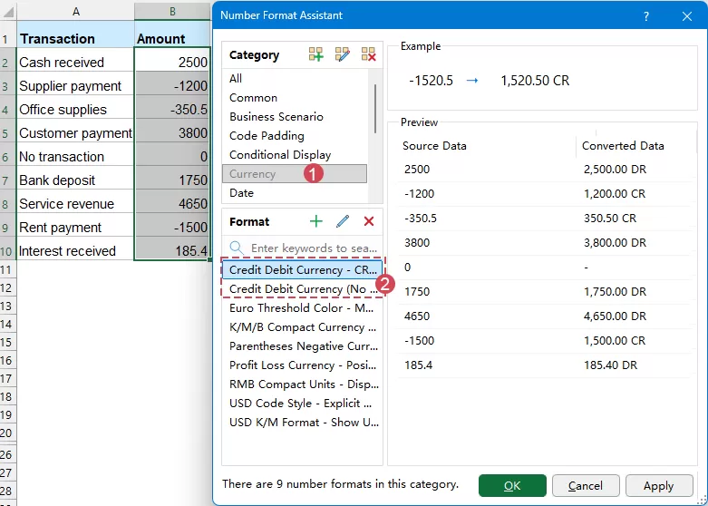 Configure Currency format in Number Format Assistant
