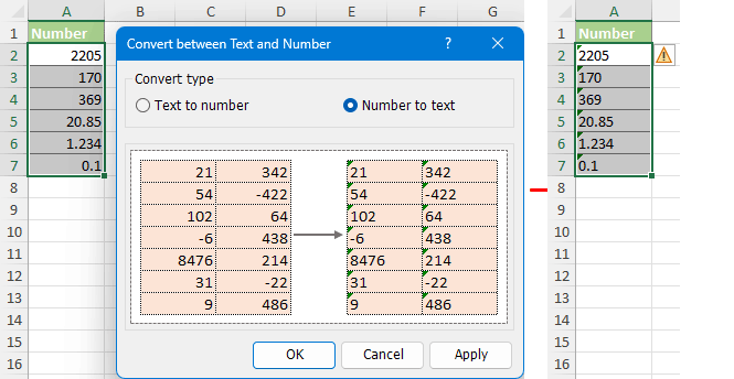 The Convert between Text and Number dialog box