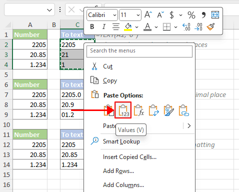 Select Values under the Paste Options section