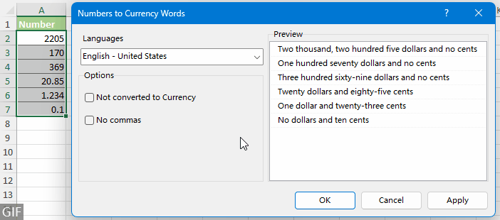 Convert or spell out numbers to words with Kutools