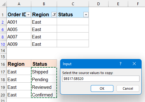 Select source values to copy