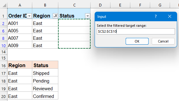 Select filtered target range