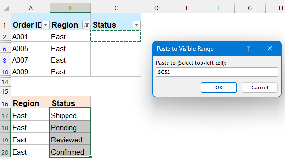 Select paste destination for Paste to Visible Range