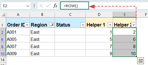 Mark visible rows with ROW formula in Excel
