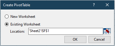 a screenshot of specifying where to locate the pivottable